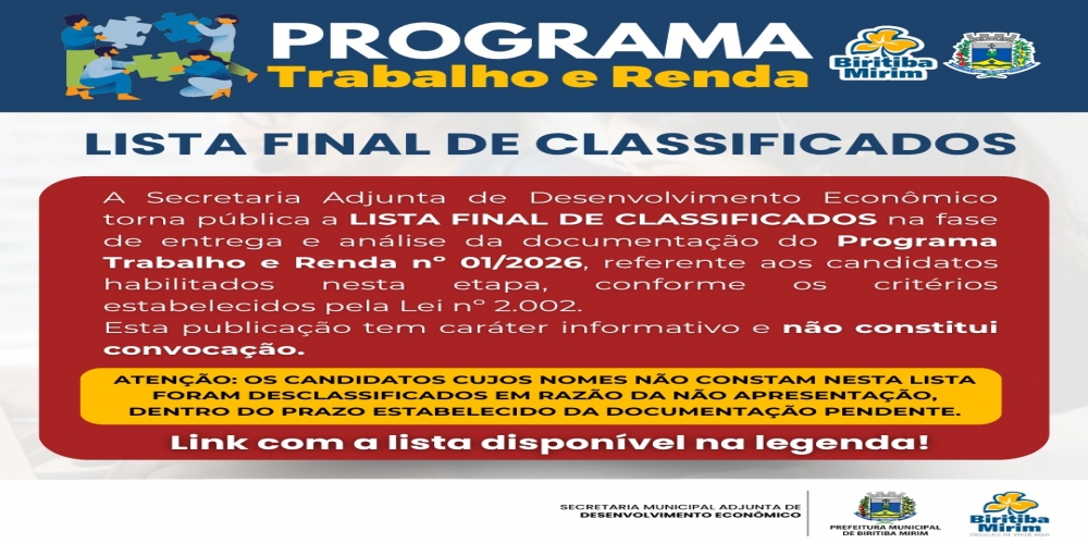 ATENÇÃO: LISTA FINAL DE CLASSIFICADOS