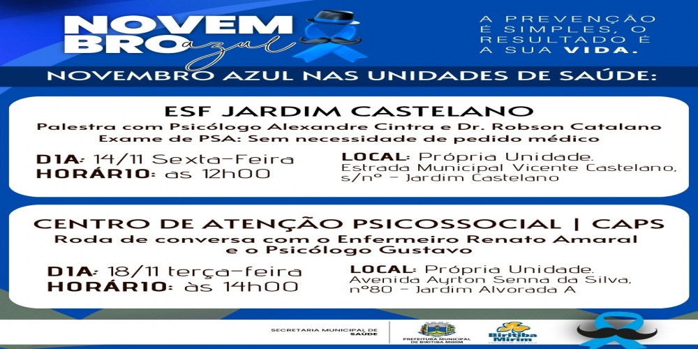 AES DO NOVEMBRO AZUL INICIAM A PARTIR DE AMANH NAS UNIDADES DE SADE