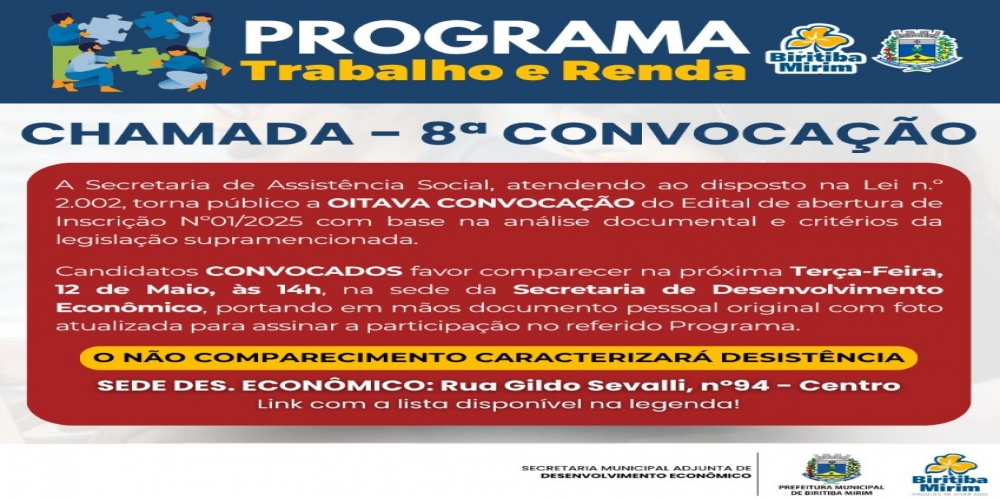 8° CONVOCAÇÃO - PROGRAMA TRABALHO E RENDA