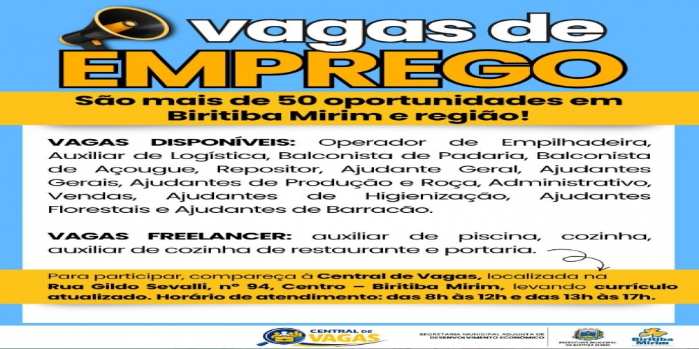 VAGAS DE EMPREGO DISPONÍVEIS!