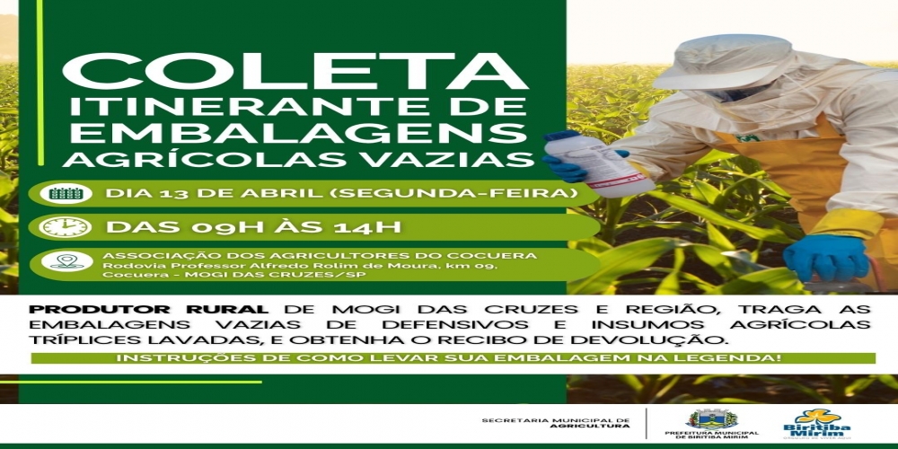 COLETA ITINERANTE DE EMBALAGENS AGR�COLAS VAZIAS ACONTECER� NO DIA 13 DE ABRIL
