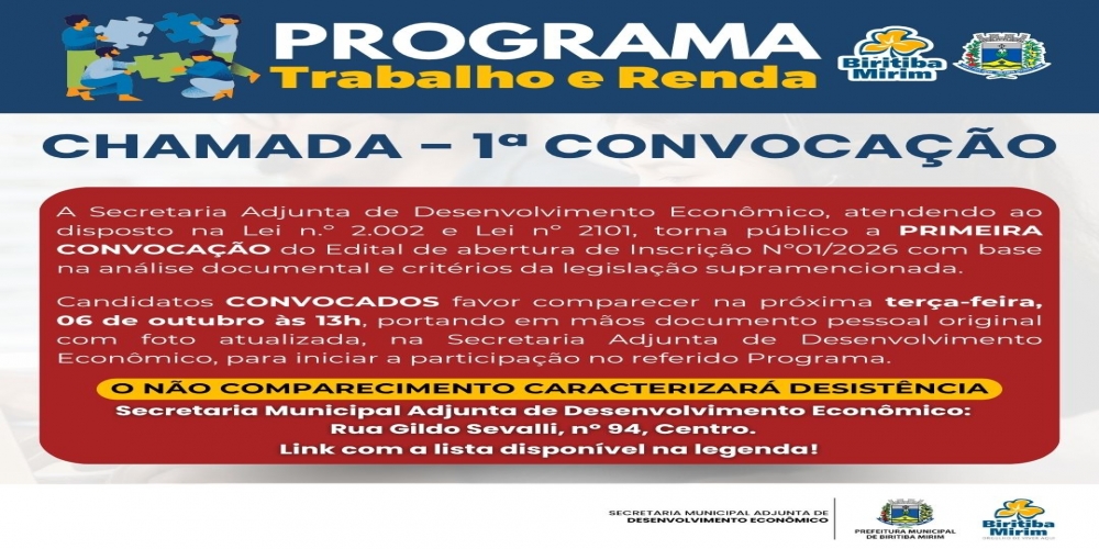 1ª CONVOCAÇÃO PROGRAMA TRABALHO E RENDA