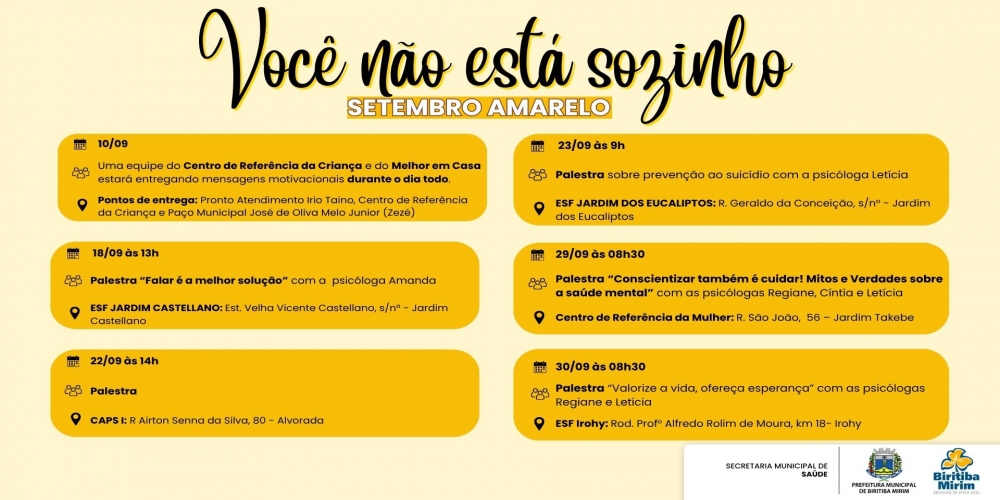 CONFIRA A PROGRAMAÇÃO DO SETEMBRO AMARELO NAS UNIDADES DE SAÚDE