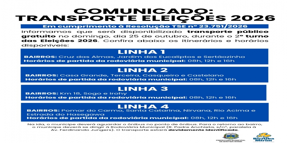 COMUNICADO: TRANSPORTE ELEIÇÕES 2026