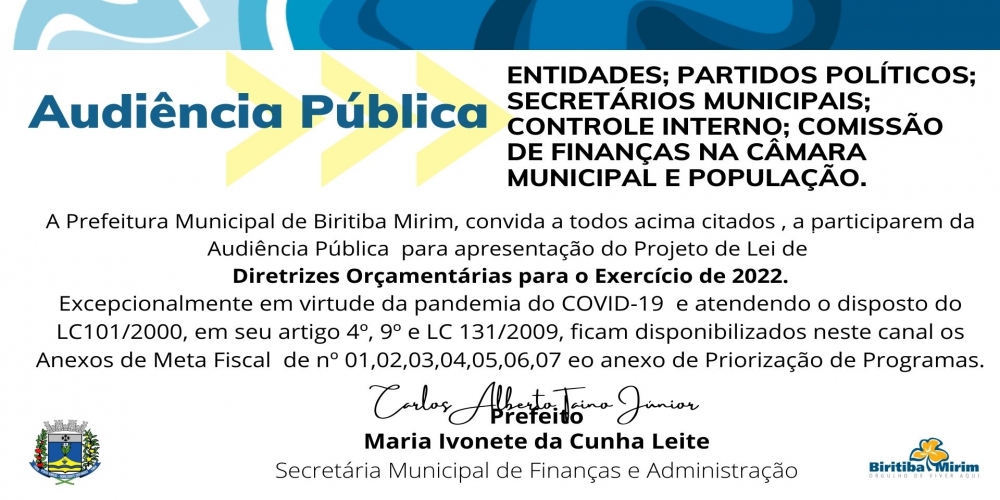 COMUNICADO: AUDIÊNCIA PUBLICA PARA ELABORAÇÃO DA LEI DE DIRETRIZES ORÇAMENTARIAS  LDO 2022